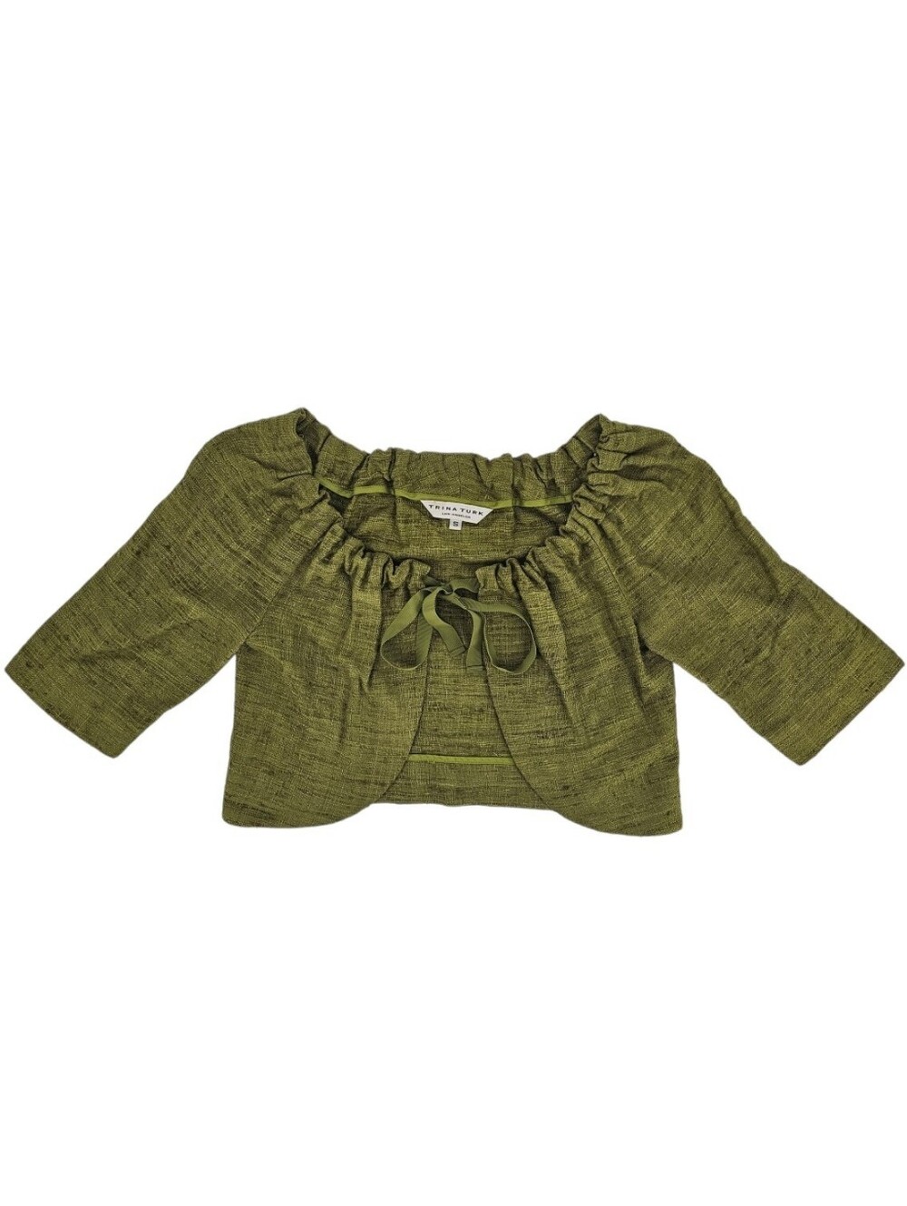 Trina Turk Raw Silk Olive Green Cropped Tie Front Blouse Y2K